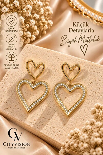 cityvision Stoned Heart Model Stainless Steel Earring Set