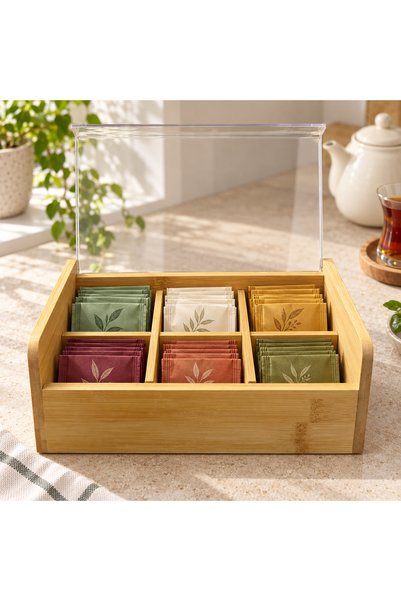 kitchen soft 6 Bölmeli Bambu Şeffaf Kapaklı Poşet Çay Kutusu Çok Amaçlı Organ...
