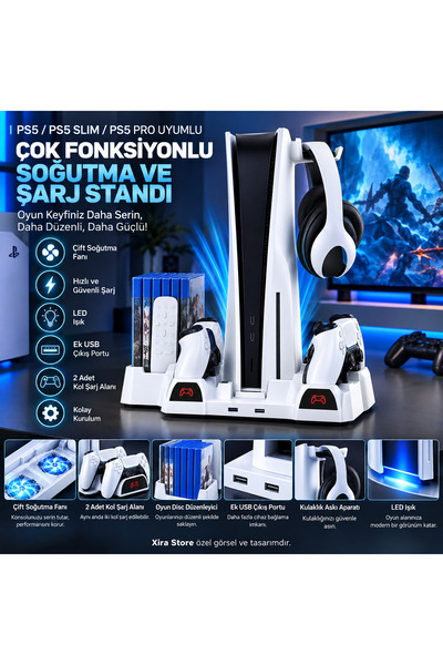 XİRA PS5 PS5 Slim PS5 Pro Uyumlu Çok Fonksiyonlu Soğutma ve Şarj Standı Çift Kol Şarjlı LED USB Type-C