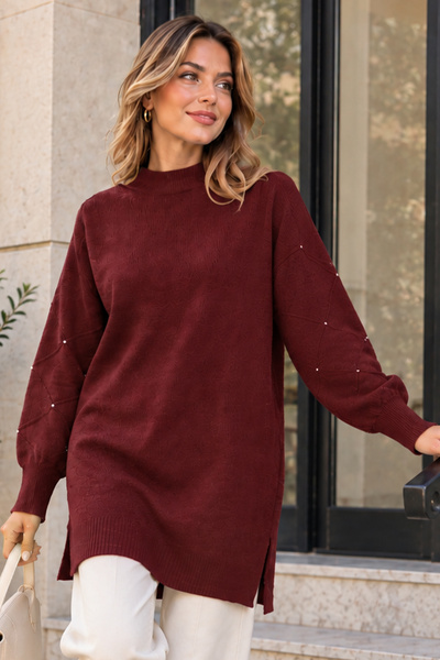 benguen Kolları Taş Detaylı Triko Kazak K6033 Bordo