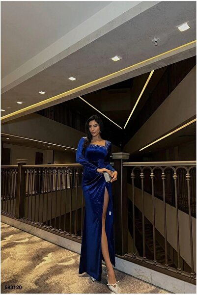 Şeker Portakalım Velvet Square Detailed Evening Dress Stone Fabric Dress Collar