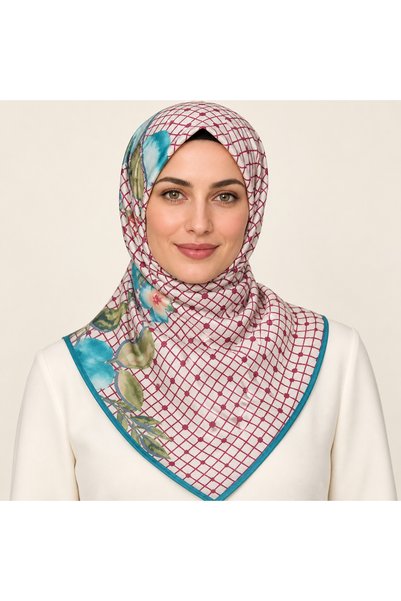 Generic Brand Blue Floral Patterned Ecru Burgundy Women's Scarf