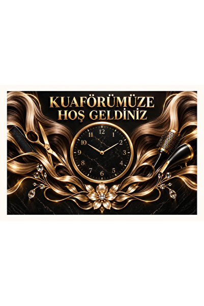 Kuaförlerine Özel Hoş Geldiniz Yazılı Saatli Duvar Tablosu 90×60 cm UV Baskı MDF