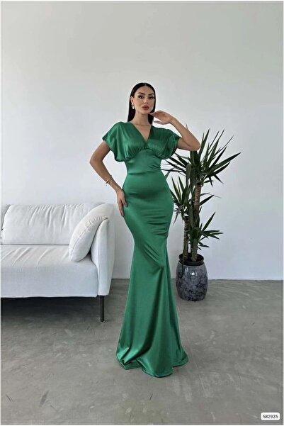 Şeker Portakalım Satin Evening Dress Fabric Dress Collar Fisherman Gathered