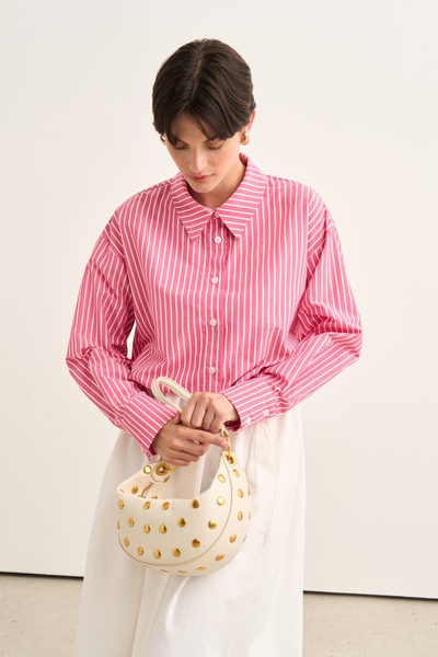 EBU Prive Women's Poplin Oversize Short Shirt Dark Pink Striped