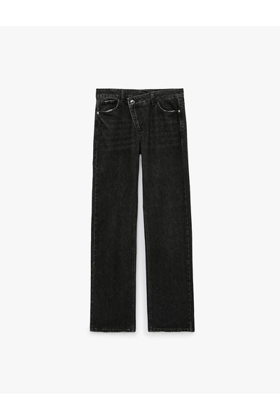 Koton Cotton Button Detailed Regular Waist Straight Leg Denim Trousers - Stra...