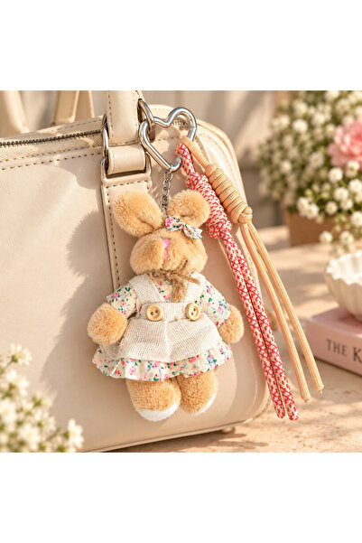 Kumru Studio Pink-Brown Bag Charm and Keychain with Plush Rabbit Figure