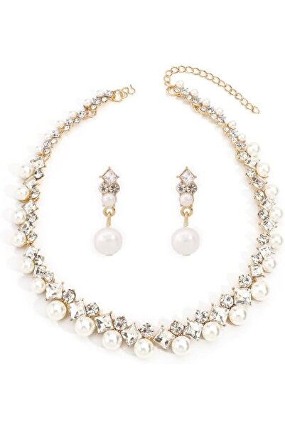 KASTWAVE Rhinestone Necklace Earring Set, Round Imitation Pearl Necklace And ...