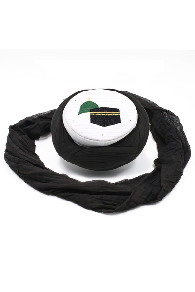 Sarıkhane Hajj Umrah Sarige - Black Fabric - White Skullcap - Crossed Wrap - ...