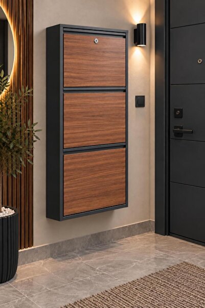 Karlı Home 3 Lü Kilitli Ahşap Kapaklı Metal Ayakkabılık 6 Çift Ayakkabı Kapas...