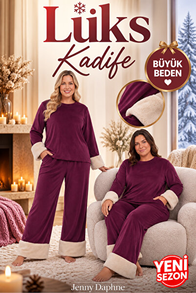 Jenny Daphne Kadın Büyük Beden Bordo Kadife Pijama Takımı Yumuşak Dokulu Pelu...