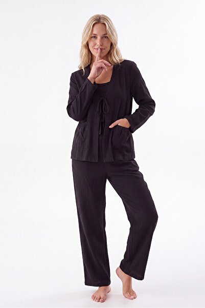NBB Women's Black 100% Cotton Muslin Fabric, 3-Piece Pajama Set, Pocket Detail