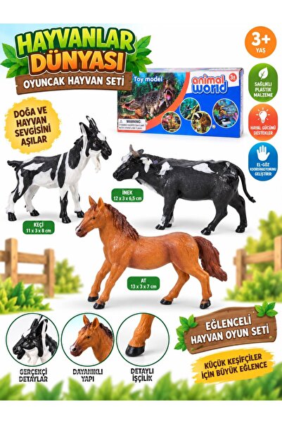 BYCEGU 3’lü Büyük Boy Çiftlik Hayvanları Figür Set At Keçi İnek 3ADET HAYVANL...