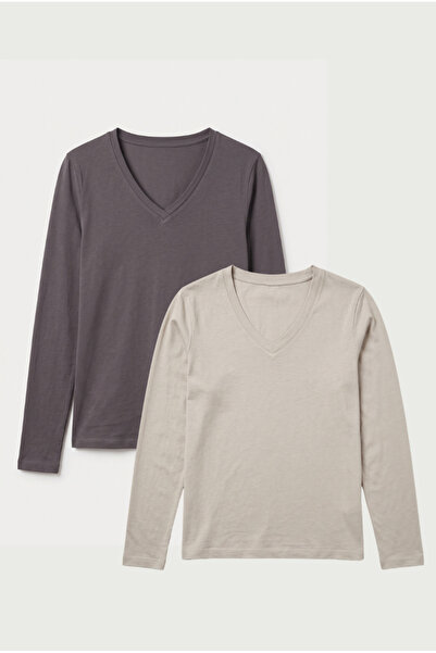 Kadın V Yaka Uzun Kollu %100 Pamuk Basic T-shirt (Gri-Füme 2'li Set)