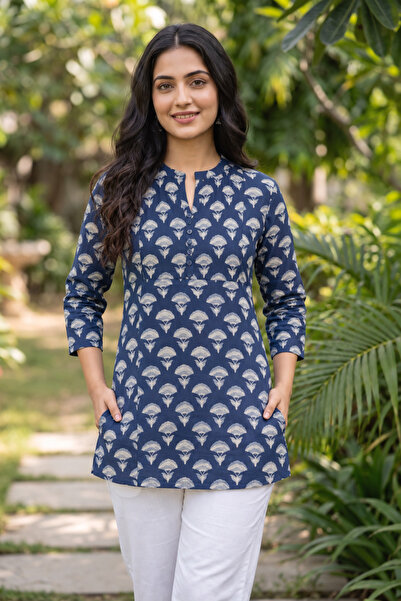 Generic Brand Women's Cotton Printed Short Kurti – Floral Print, 3/4 Sleeve