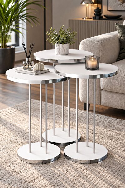 SuloraHome Gümüş Metal Ayaklı Beyaz 3'lü Zigon Sehpa Takımı