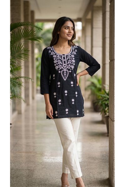 Generic Brand Women's Cotton Embroidered Short Kurti with White Thread Work