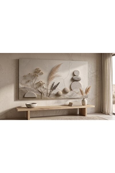 EvimeTablo Minimalist Bohem Pampas ve Doğal Taş Görünümlü Çerçevesiz Yatay Ka...