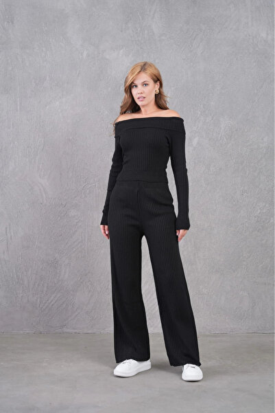 ModaSehle Kadın Siyah off-shoulder uzun kollu üst ve geniş paçalı pantolon ile standart beden ikili Triko Takı