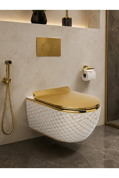 Beyaz Gold Desenli Asma Klozet 48x36,5x38 cm