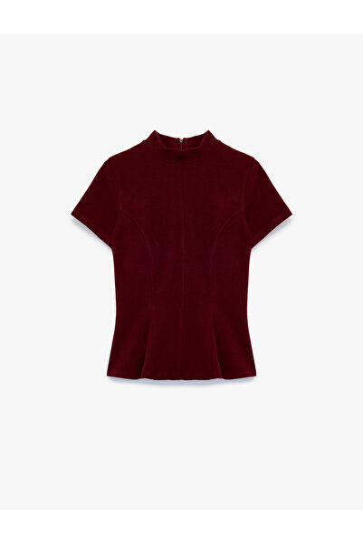Koton Slim Fit Textured High Neck Short Sleeve Peplum Blouse
