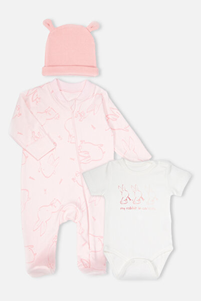 Bebetto Interlock Bootie Jumpsuit Set 3-Piece (Rabbit and Carrots) Pink