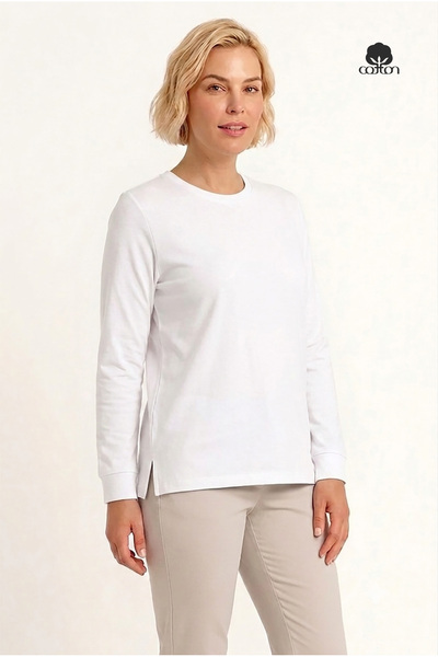 Cottonland تي شيرت نسائي BELINDA Basic، بأكمام طويلة، قصة عادية، بفتحة جانبية...