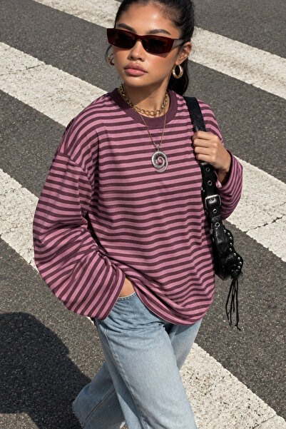 Bipantolon Kadın Pembe Mor Çizgili Bisiklet Yaka Oversize Sweatshirt