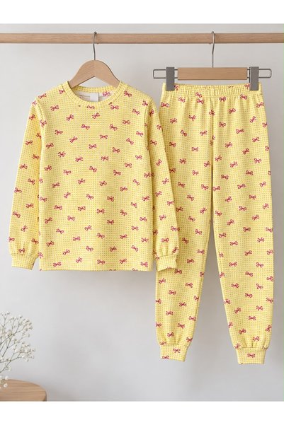 Free Beka Patterned Crew Neck 100% Cotton Interlock Fabric Girls' Long Sleeve Pajama Set