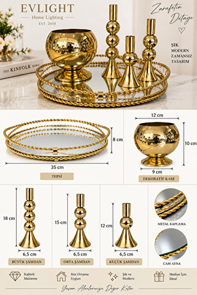 EvLight Full Gözde Sunum Seti 5 Parça Aynalı Gold Metal Tepsi-Çiçeksiz