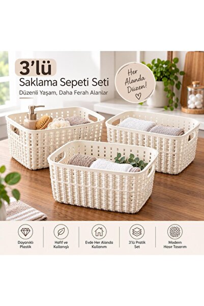 SELKA HOME 3’lü Örgü Desenli Saklama Sepeti
