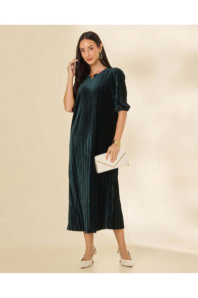 REDTAG Women Green Pleated Midi Dress