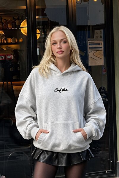 The Champ Clothing Kadın Oversize Hoodie CHMP Studios V2 Nakışlı Gri Melanj -...