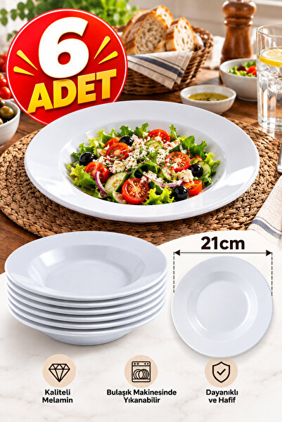 Binbirreyon 6 Adet Melamin Tabak Çukur Tabak Parlak Beyaz 21cm Lokanta Ev Tipi Tabak RA680