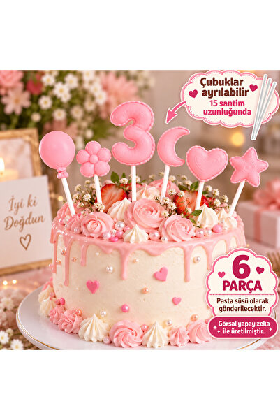 hediyesepetinde Pembe 3 Yaş Pasta Süsü 6 Parça Set | Balon/ Çiçek/ 2 /Ay /Kal...
