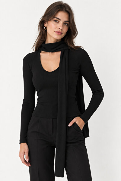 Sienza Women's Black Long Sleeve Shawl Detailed Low-Cut Blouse Stylish and El...