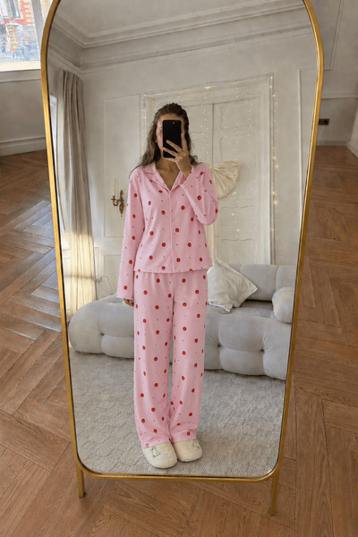 Hepsi Moda Gömlek Yaka Çilek Desenli Pijima Takımı - Pembe