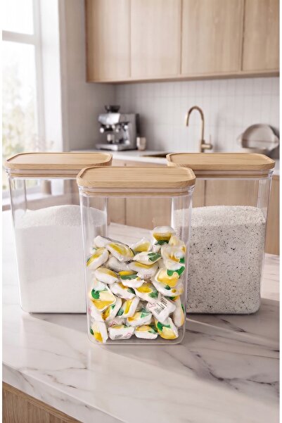 Glass&Grace 3'lÜ Set 3 Litre Şeffaf Ahşap Kapaklı Vakumlu Büyük Boy Deterjan ...