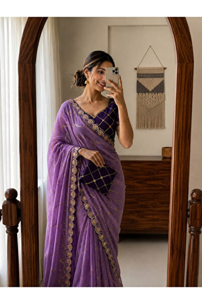 MYSMAR Purple Georgette Embroidered Saree with Maroon Blouse - KTS9911 | Purple
