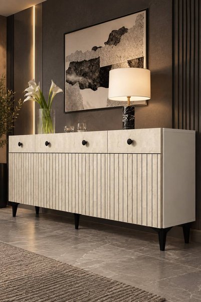 Modova Home 180DHDK7BT İLLAY LAZER DESEN KAPAK KONSOL ve TV SEHPASI BEYAZ-TRA...