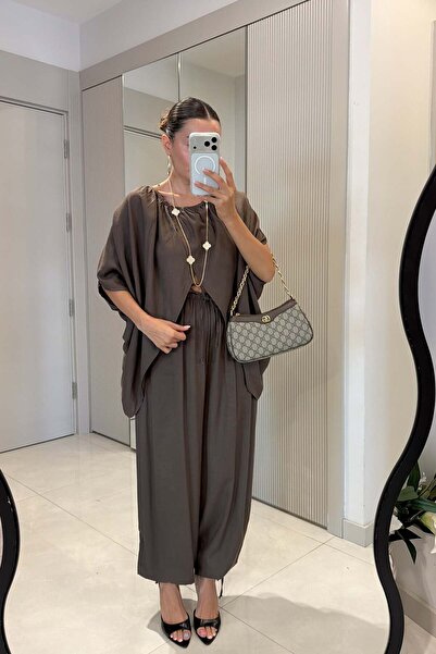 Gizem Ecemiş Perie Kahve Şalvar Dökümlü Bluz Takım