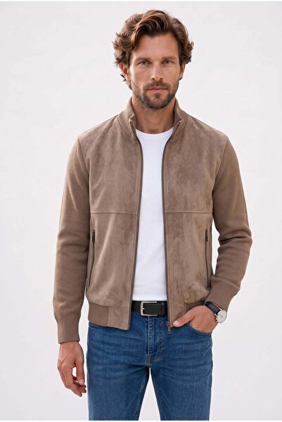 Tudors Men's relax fit casual cut stand collar zippered lined suede look knit...