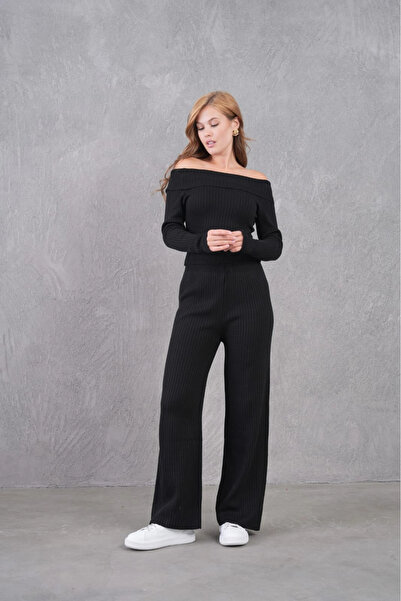 ModaSehle Kadın Siyah off-shoulder uzun kollu üst ve geniş paçalı pantolon ile standart beden ikili Triko Takı