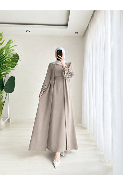 Mava Lady Kadın İkili Abaya Takım Çiçek Nakışlı Kuşaklı Uzun Elbise ve Ferace...