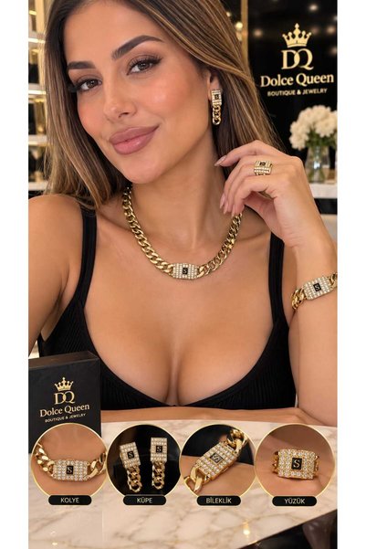 DOLCE QUEEN Xuping Işıltılı Taşlı Zincir Detaylı 4 Parça Kadın Takı Seti