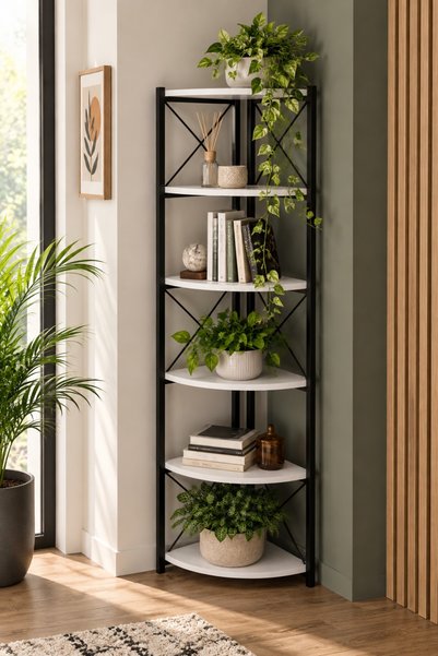 SuloraHome 6 Raflı Köşe Kitaplık ve Saksılık Standı Beyaz
