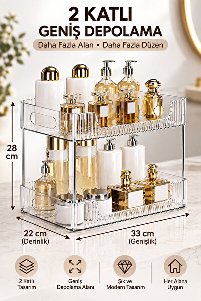 Kitchen Line LUMERA 2 Katlı Şeffaf Çok Amaçlı Organizer – Makyaj, Parfüm, Ban...