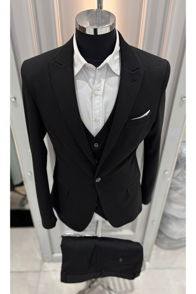 SABRİ ZENGİN Men's Black Slim Fit Lycra Thick Premium Fabric 3 Piece Suit