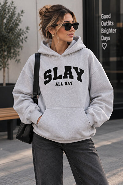 Harmandar Slay All Day Baskılı Kanguru Cepli Kapüşonlu Sweatshirt Hoodie
