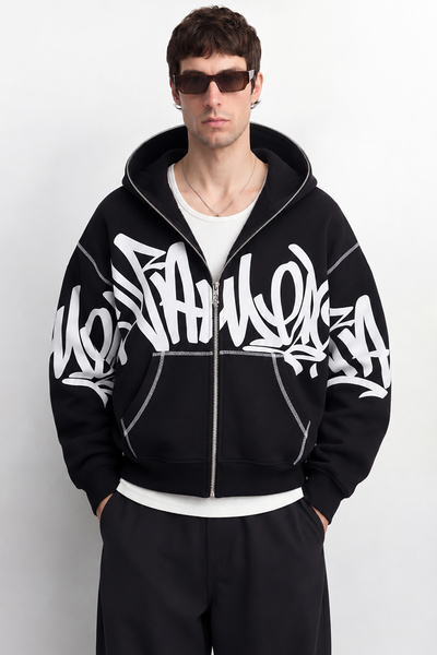 TWILIT Çift Taraf Baskılı Oversize Fermuarlı Hoodie Hırka Zip Sweatshirt - Siyah